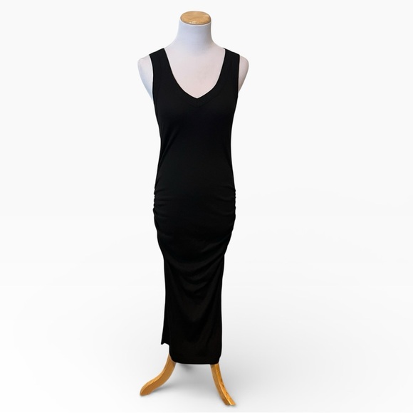 MICHAEL STARS Black Ribbed Midi V-Neck Side Slit Dress SMALL Lori Revolve Ruched - Picture 5 of 10
